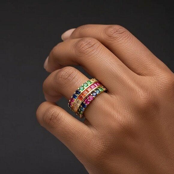 Rainbow CZ Gemstone Stacking Rings Size 8 - Picture 2 of 13